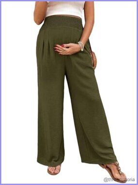 Maternity Palazzo Pants High Waist Smocked Wide Leg Pregnancy Trousers